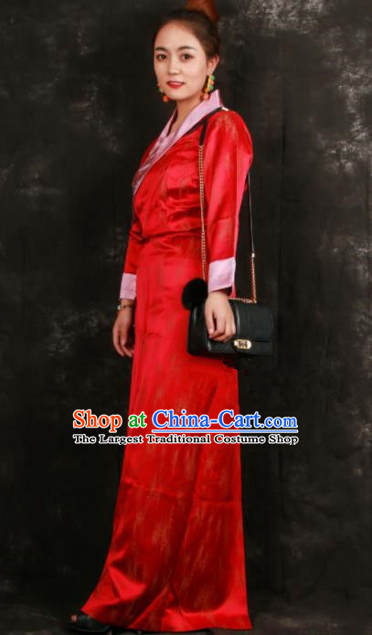 Chinese Traditional Ethnic Red Brocade Tibetan Dress Zang Nationality Heishui Dance Costume for Women