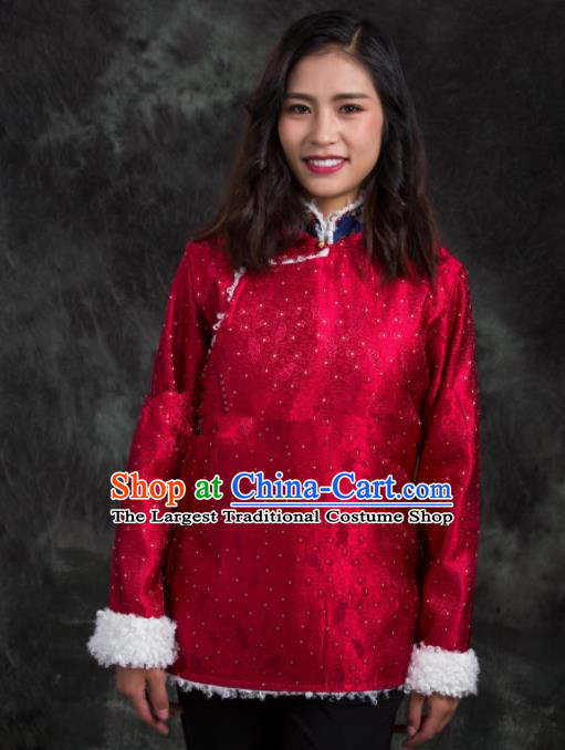 Chinese Traditional Ethnic Female Wine Red Tibetan Jacket Zang Nationality Heishui Dance Costume for Women