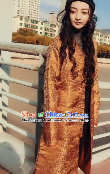Chinese Traditional Ethnic Female Golden Dust Coat Zang Nationality Costume for Women