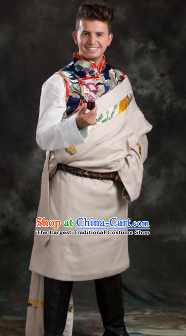 Chinese Traditional White Tibetan Robe Zang Nationality Ethnic Folk Dance Costume for Men
