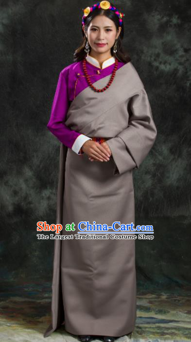 Chinese Traditional National Ethnic Grey Tibetan Robe Zang Nationality Costume for Women