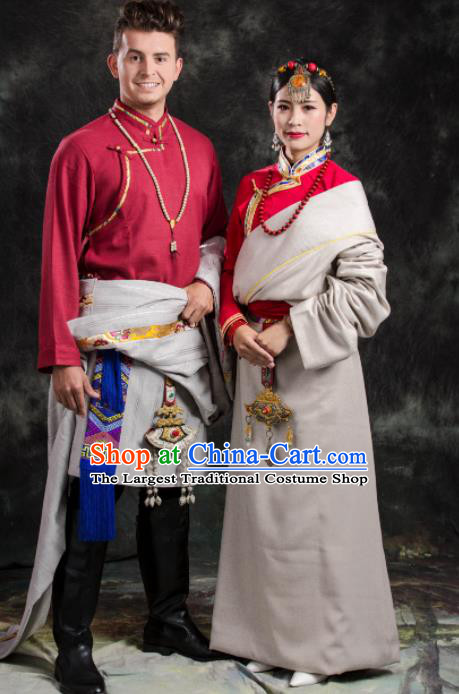 Chinese Traditional Couple Tibetan Robe Zang Nationality Ethnic Folk Dance Costume for Women for Men