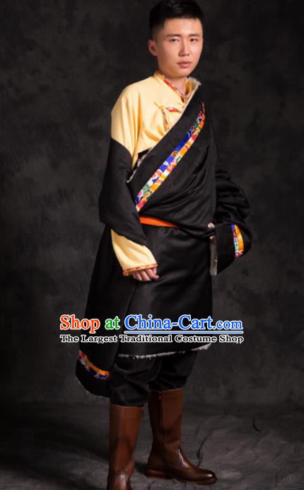 Chinese Traditional Tibetan Black Brocade Robe Zang Nationality Wedding Ethnic Costume for Men