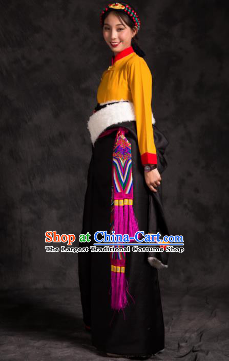 Chinese Traditional Ethnic Female Black Tibetan Robe Zang Nationality Heishui Dance Costume for Women
