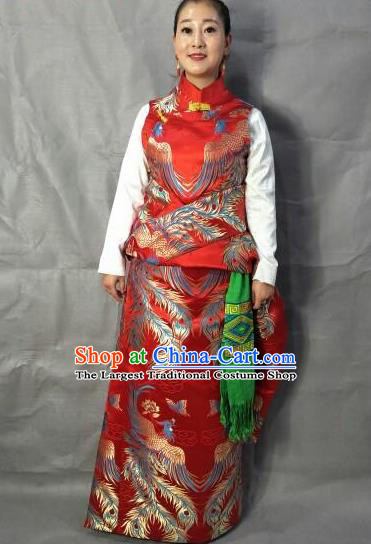 Traditional Chinese National Ethnic Bride Red Brocade Tibetan Robe Zang Nationality Folk Dance Costume for Women