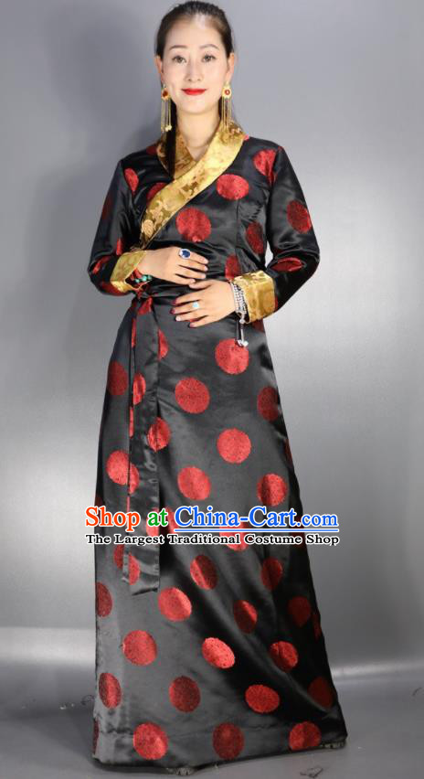 Traditional Chinese National Ethnic Black Brocade Tibetan Dress Zang Nationality Folk Dance Costume for Women
