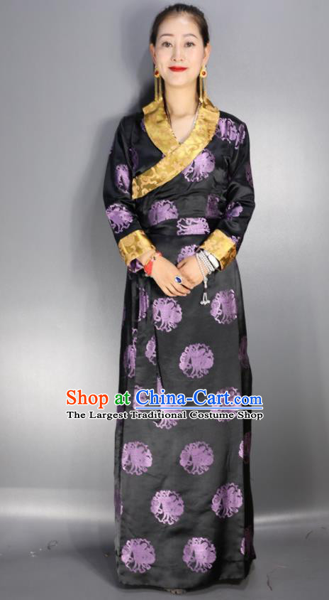 Traditional Chinese National Ethnic Brocade Tibetan Dress Zang Nationality Folk Dance Costume for Women