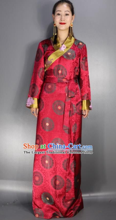 Traditional Chinese National Ethnic Red Brocade Tibetan Dress Zang Nationality Folk Dance Costume for Women