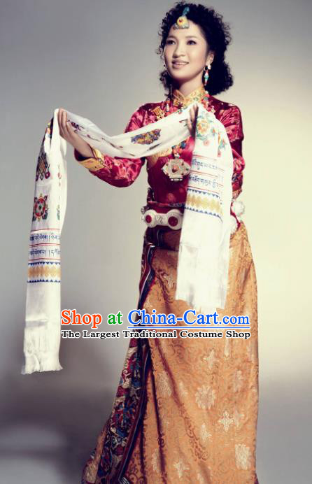 Traditional Chinese National Ethnic Wedding Tibetan Dress Zang Nationality Folk Dance Costume for Women