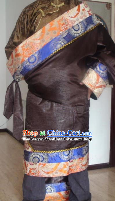 Traditional Chinese National Ethnic Deep Brown Tibetan Robe Zang Nationality Folk Dance Costumes for Men