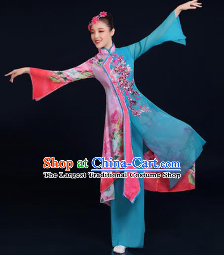 Traditional Chinese Classical Dance Blue Dress Umbrella Dance Fan Dance Costume for Women