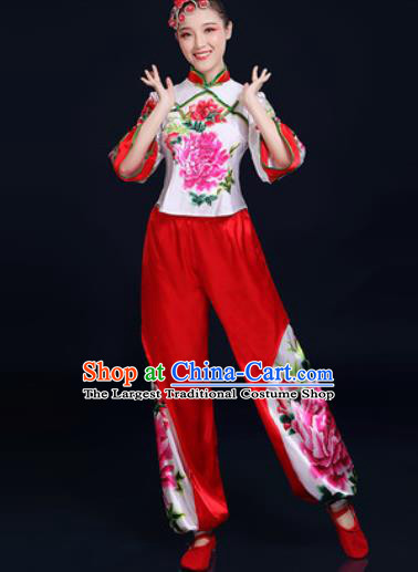 Traditional Chinese Folk Dance Printing Peony Clothing Yangko Dance Fan Dance Costume for Women