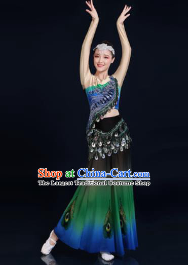 Traditional Chinese Ethnic Peacock Dance Green Dress Dai Nationality Stage Performance Costume for Women