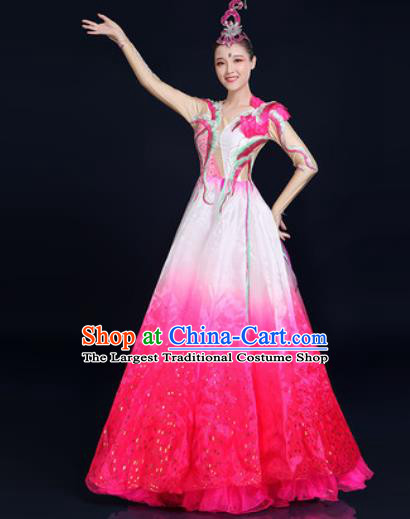 Traditional Chinese Classical Dance Rosy Dress Umbrella Dance Stage Performance Fan Dance Costume for Women