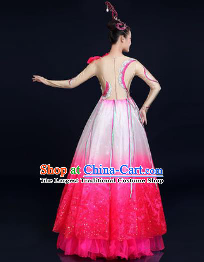 Traditional Chinese Classical Dance Rosy Dress Umbrella Dance Stage Performance Fan Dance Costume for Women