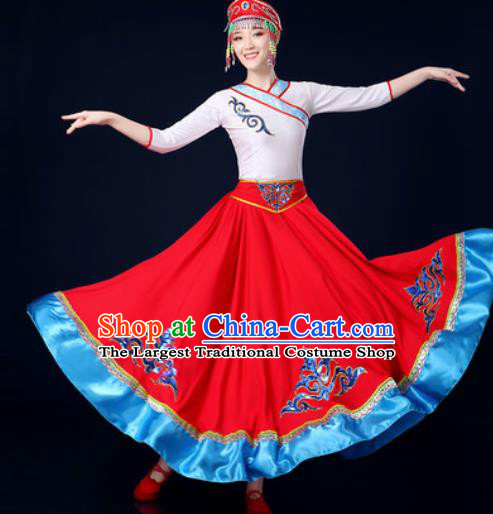 Traditional Chinese Ethnic Folk Dance Red Dress Mongolian Nationality Stage Performance Costume for Women