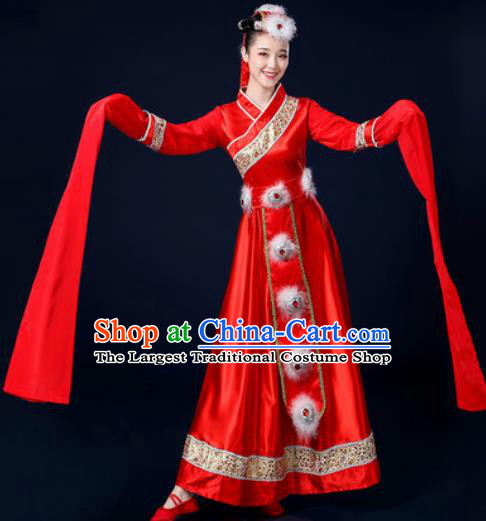 Traditional Chinese Tibetan Ethnic Dance Red Dress Zang Nationality Stage Performance Costume for Women