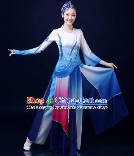 Traditional Chinese Folk Dance Jasmine Flower Blue Clothing Yangko Dance Fan Dance Costume for Women