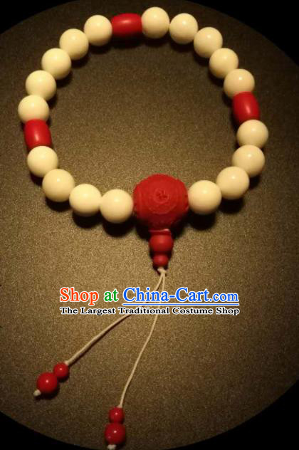 Chinese Traditional White Beads Bracelet Handmade Hanfu Cinnabar Rose Bangles for Women