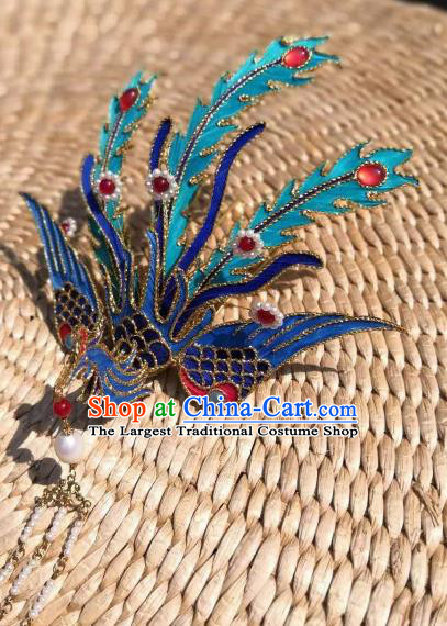 Chinese Traditional Hair Accessories Ancient Palace Handmade Hanfu Blue Phoenix Hairpins for Women
