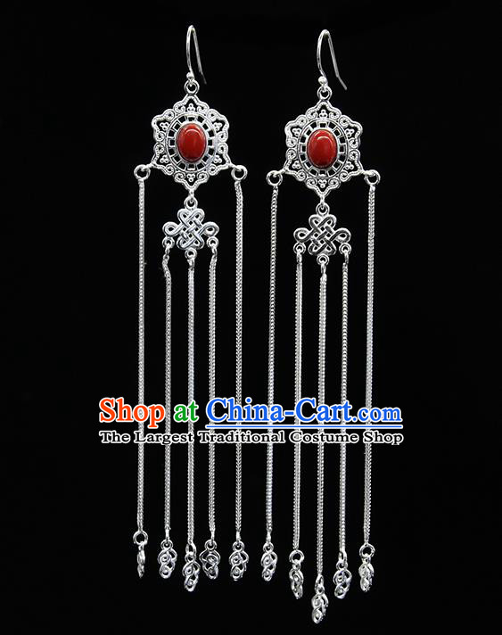 Chinese Traditional Mongolion Ethnic Wedding Sliver Tassel Ear Accessories Mongol Nationality Red Earrings for Women