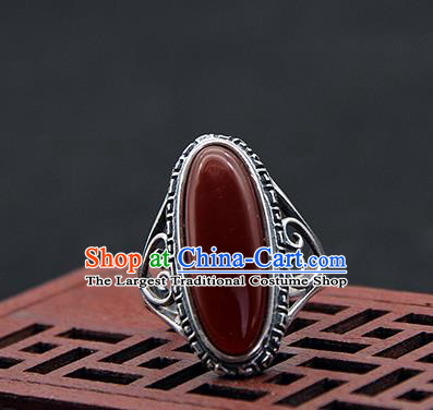 Chinese Traditional Ethnic Agate Rings Handmade Tibetan Nationality Sliver Finger Ring for Women