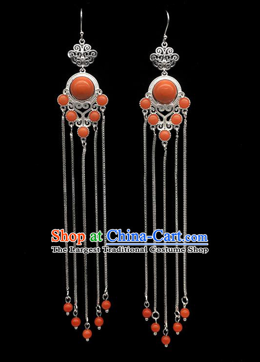 Chinese Traditional Mongolian Ethnic Sliver Accessories Mongol Nationality Coral Stone Earrings for Women