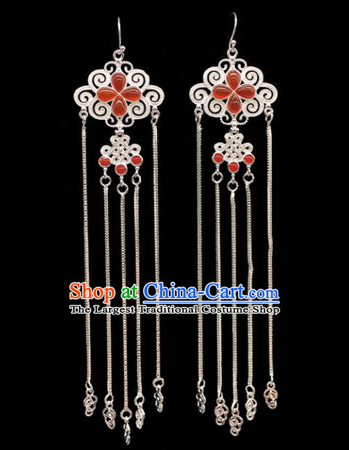 Traditional Chinese Mongolian Ethnic Sliver Tassel Earring Mongol Nationality Agate Ear Accessories for Women