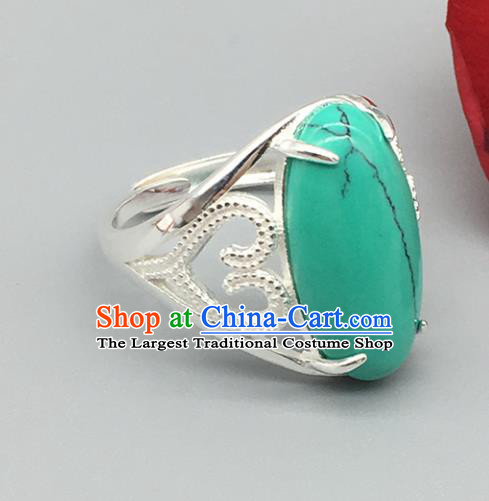 Chinese Traditional Ethnic Kallaite Rings Handmade Zang Nationality Sliver Finger Ring for Women