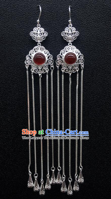 Traditional Chinese Mongolian Ethnic Sliver Tassel Earring Mongol Nationality Garnet Ear Accessories for Women