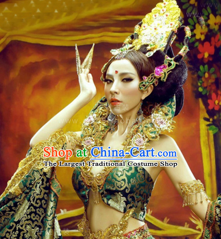 Traditional Green Tara Deity Costumes and Head Wear Accessories Complete Set