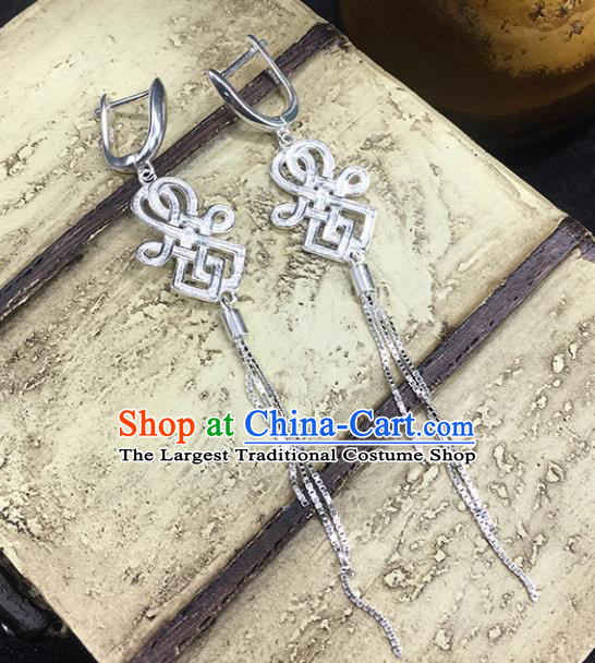 Traditional Chinese Mongolian Ethnic Lucky Earring Mongol Nationality Sliver Ear Accessories for Women