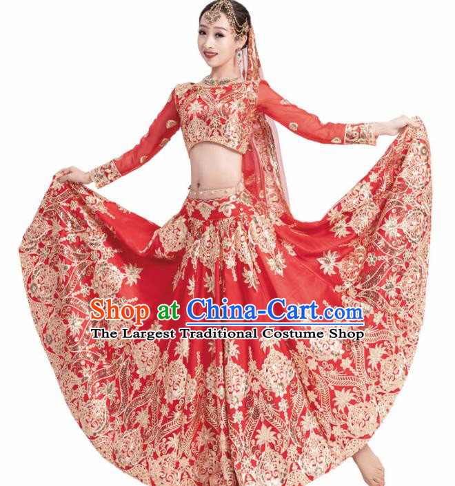 Asian India Traditional Costumes South Asia Indian Bollywood Belly Dance Red Veil Dress for Women