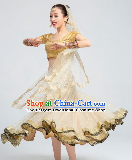Asian India Traditional Bollywood Costumes South Asia Indian Belly Dance Golden Dress for Women