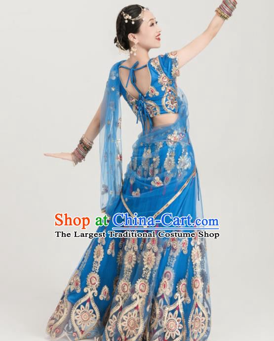Asian India Sari Traditional Bollywood Costumes South Asia Indian Belly Dance Blue Dress for Women