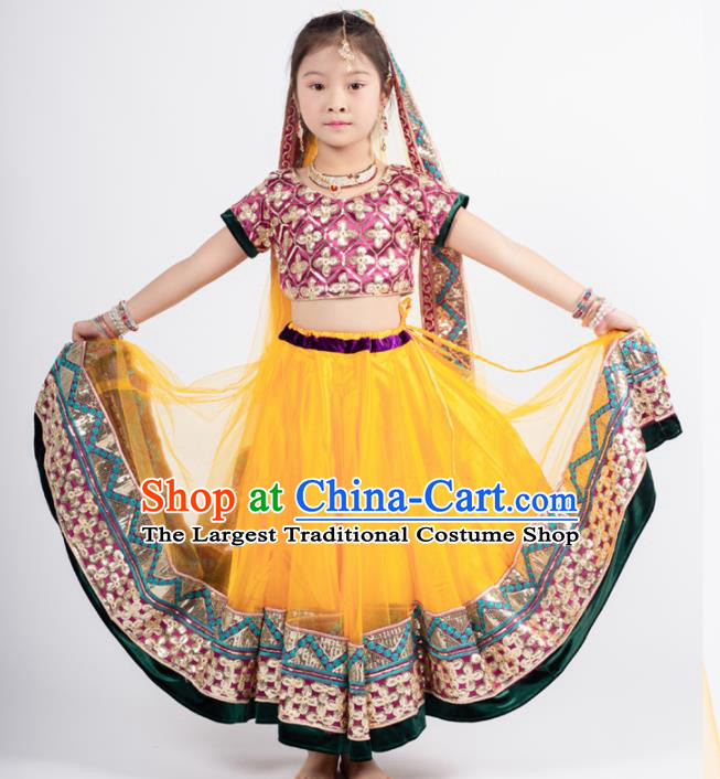 Asian India Sari Traditional Bollywood Costumes South Asia Indian Princess Belly Dance Yellow Dress for Kids