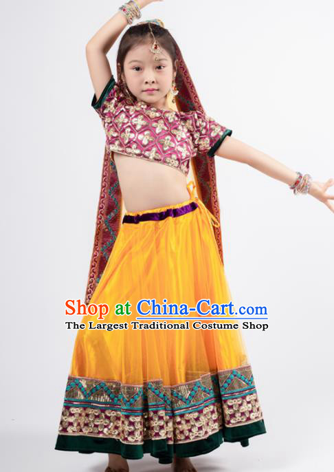 Asian India Sari Traditional Bollywood Costumes South Asia Indian Princess Belly Dance Yellow Dress for Kids
