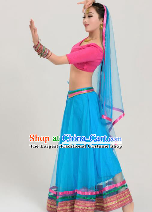 Asian India Traditional Sari Bollywood Belly Dance Costumes South Asia Indian Princess Blue Veil Dress for Women