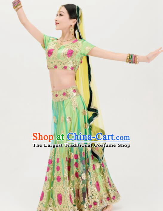 Asian India Traditional Sari Bollywood Belly Dance Costumes South Asia Indian Princess Light Green Dress for Women