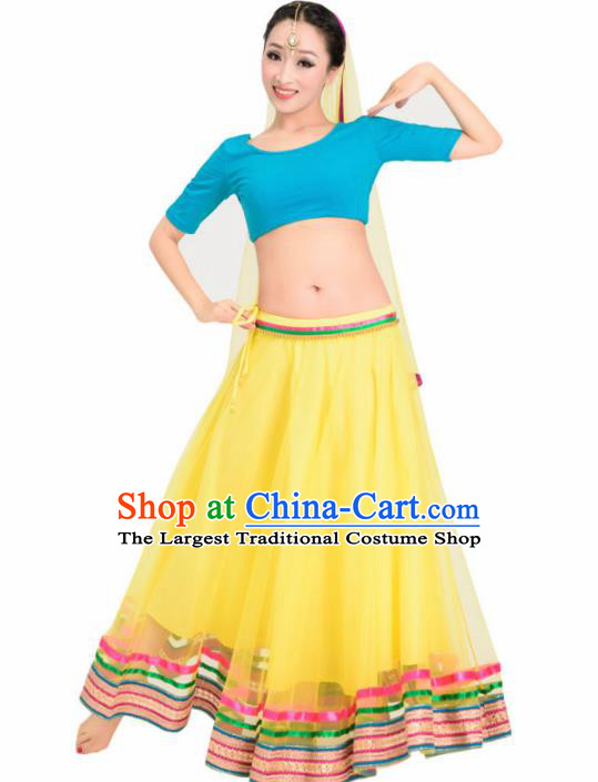 Asian India Princess Traditional Oriental Bollywood Costumes South Asia Indian Belly Dance Yellow Veil Sari Dress for Women