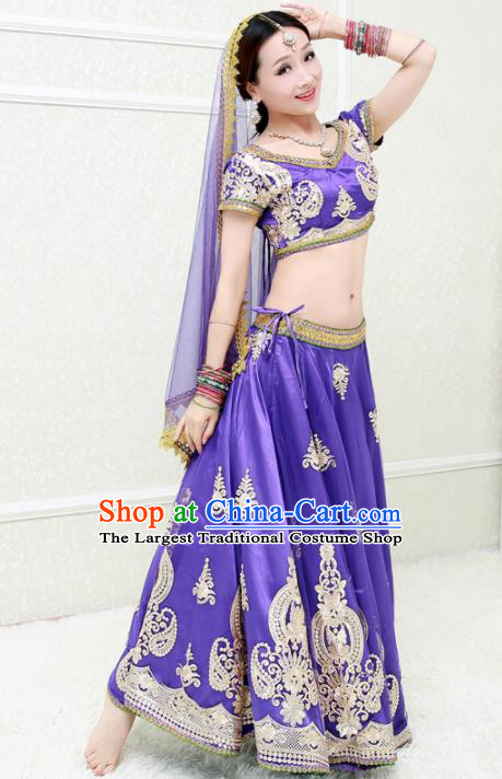 Asian India Princess Traditional Oriental Bollywood Costumes South Asia Indian Belly Dance Purple Sari Dress for Women