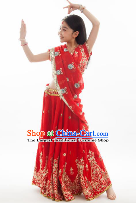 Asian India Princess Traditional Oriental Bollywood Costumes South Asia Indian Belly Dance Red Sari Dress for Kids