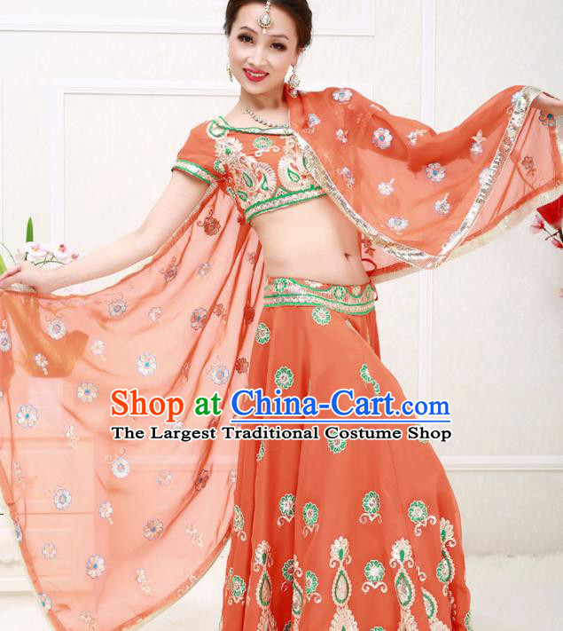 Asian India Princess Traditional Oriental Bollywood Orange Costumes South Asia Indian Belly Dance Sari Dress for Women