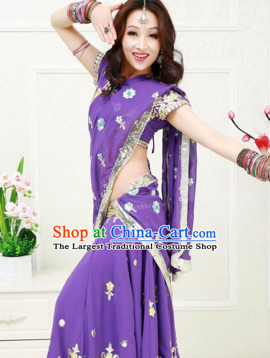 Asian India Princess Traditional Oriental Bollywood Purple Costumes South Asia Indian Belly Dance Sari Dress for Women