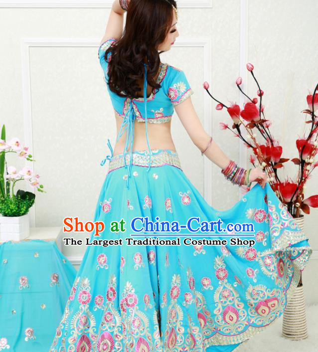 Asian India Princess Traditional Oriental Bollywood Blue Costumes South Asia Indian Belly Dance Sari Dress for Women