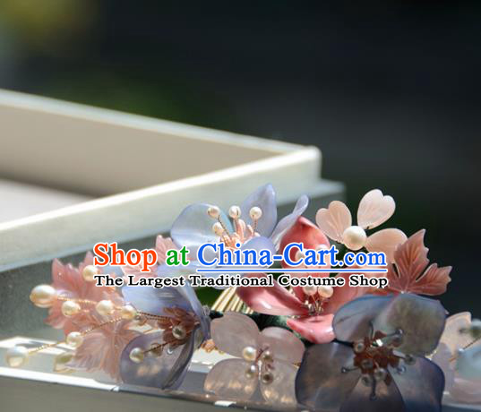 Traditional Chinese Hanfu Hair Accessories Ancient Princess Pink and Blue Flowers Hair Comb for Women