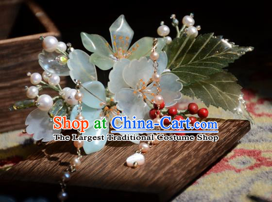 Traditional Chinese Hanfu Hair Accessories Ancient Princess Pearls Green Flowers Hairpins for Women