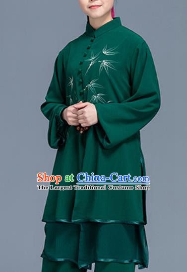 Asian Chinese Traditional Martial Arts Printing Bamboo Green Costume Tai Ji Kung Fu Training Uniform for Women