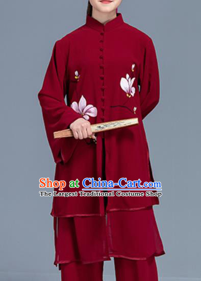 Asian Chinese Traditional Martial Arts Printing Magnolia Red Costume Tai Ji Kung Fu Training Uniform for Women