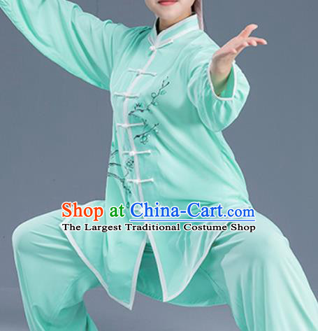Asian Chinese Traditional Martial Arts Kung Fu Printing Plum Blossom Green Costume Tai Ji Training Group Competition Uniform for Women